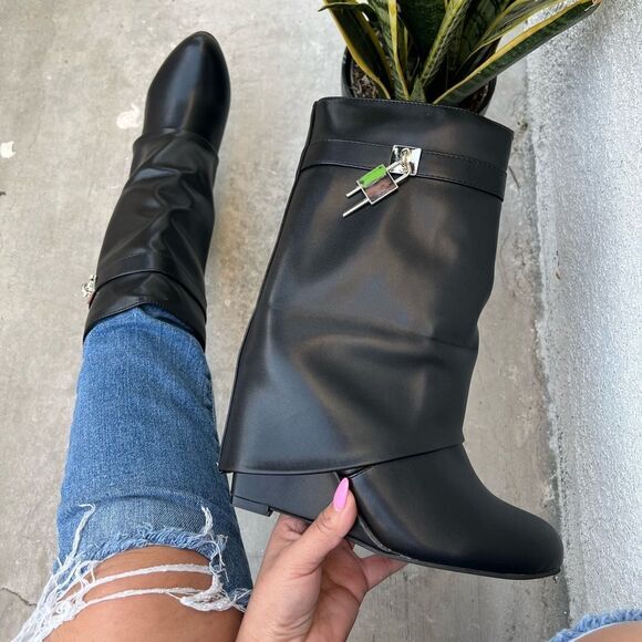 BLACK WEDGE BOOTIE WITH OVERLAP SKIRT WITH GOLD LOCKET CHARM - Picture 6 of 7